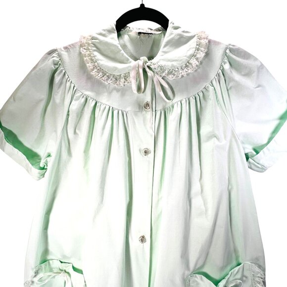 Vtg Lisanne Mint Green Button Down Housecoat Robe Lace Collar Pockets Cotton SS - Picture 2 of 16